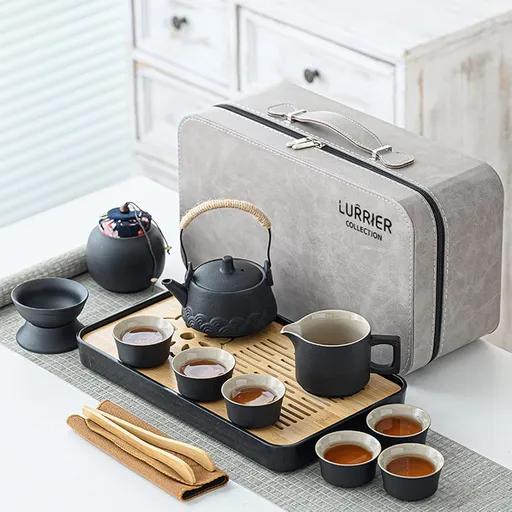 LURRIER Gongfu tea sets, Portable Ceramic TeaSet, Asian Tea sets for adult, Tea Gift sets, Grey leather case, Portable Travel Bag,Home,Gifting,Outdoor and Office